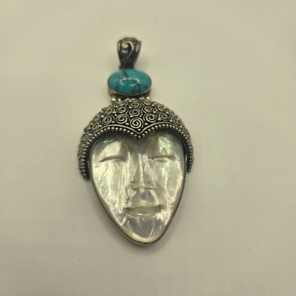 Vintage 925 Sterling Silver Abalone Goddess Bali Pendant Turquoise 2.75" - Picture 2 of 6